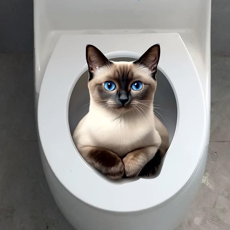 Iprokiu Cute Animal Toilet Sticker Waterproof 3D Funny Dog Cracking Toilet Seat Lid Decal Bathroom Wall Sticker Squirrel Toilet Lid Decal Home Decoration (Siamese Cat) - Image 1